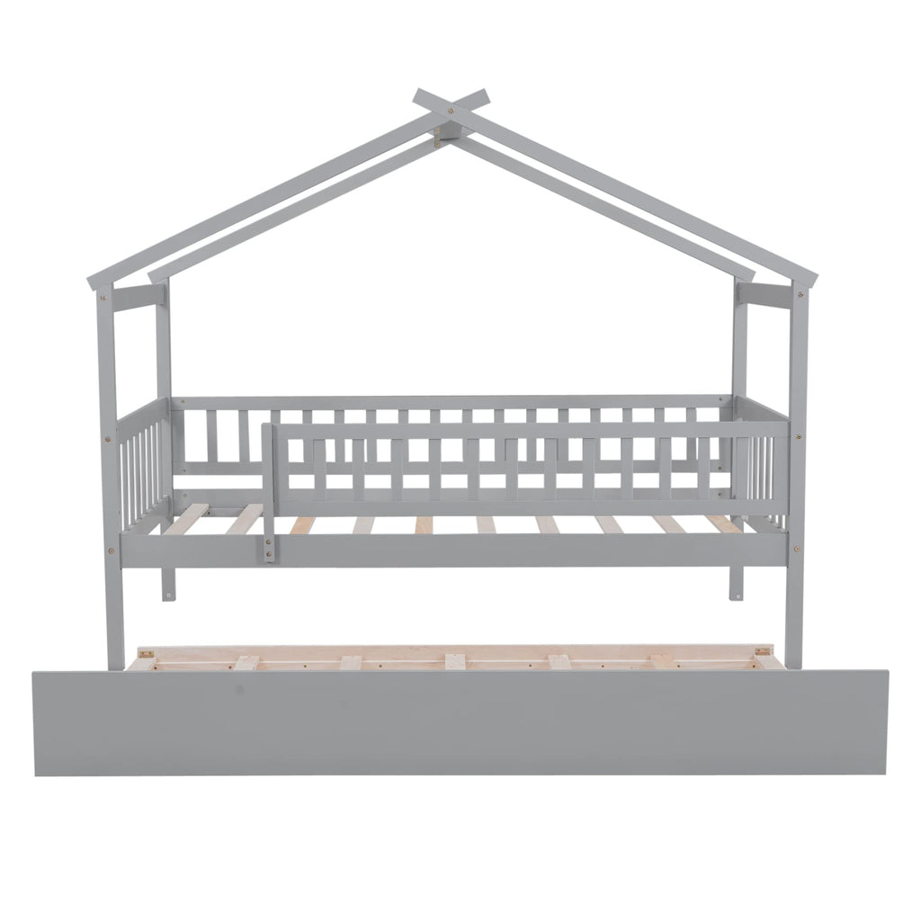 Merax Twin Size Wooden House Bed with Two Drawers, Wood Bed Frame with Roof for Kids, Teens, Boys or Girls, Grey