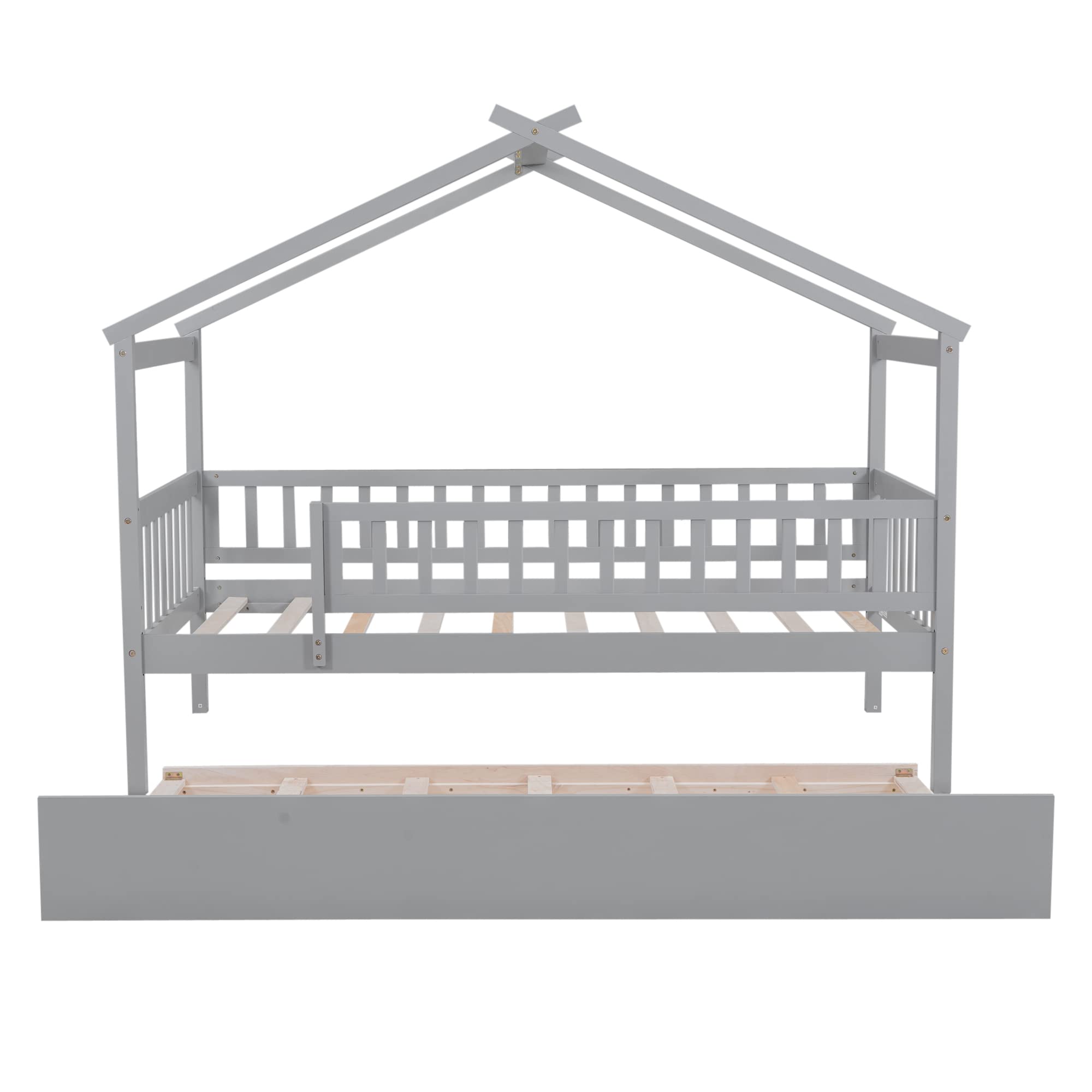Merax Twin Size Wooden House Bed with Two Drawers, Wood Bed Frame with Roof for Kids, Teens, Boys or Girls, Grey