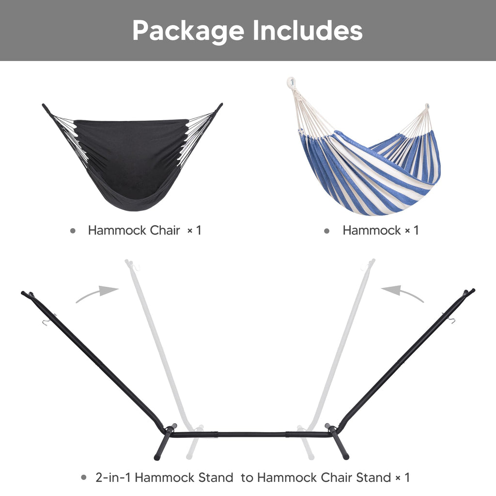 SUNCREAT 2-in-1 Convertible Free Standing Hammock with Stand Included, Camping Backyard Hammock with Stand, Patented, Blue & White Stripe