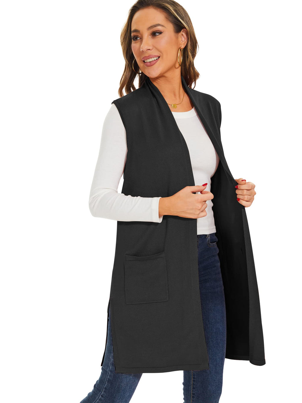 Moss Rose Women's Long Knit Cardigan Vest Casual Sleeveless Open Front Draped Duster Vest (Available in Plus Size)