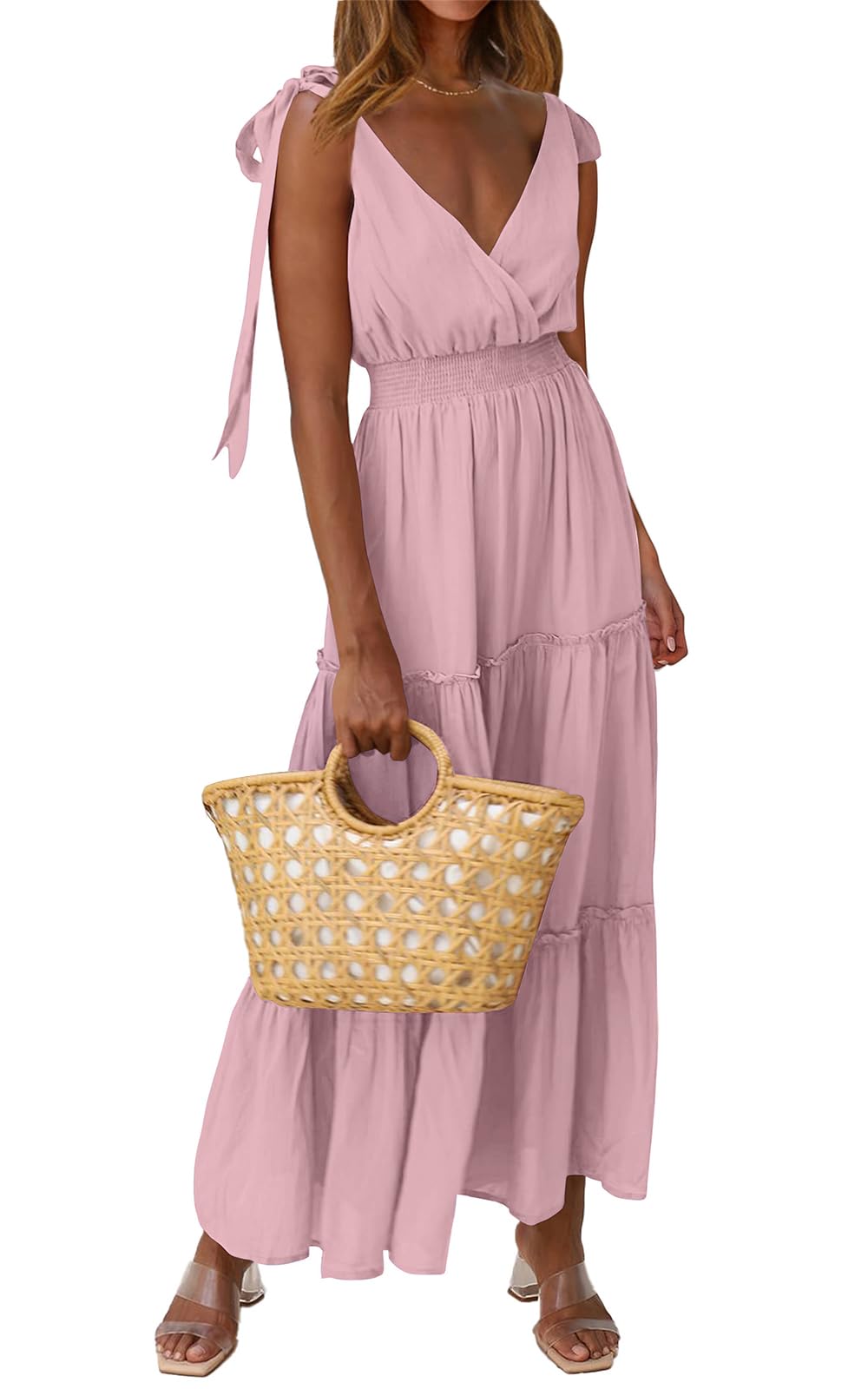 PRETTYGARDEN Women's Cross Neck Summer Sleeveless Tiered Maxi Dress Beach Tie Strap Smocked Long Dresses Pleated Sundress