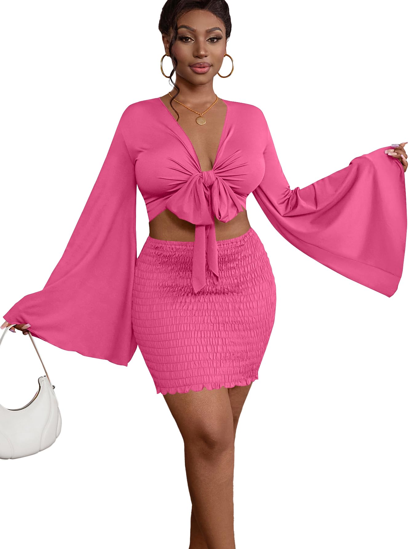 LYANER Women 2 Piece Vacation Outfits Tie Knot Front Bell Long Sleeve Crop Top and Mini Skirt Summer Set