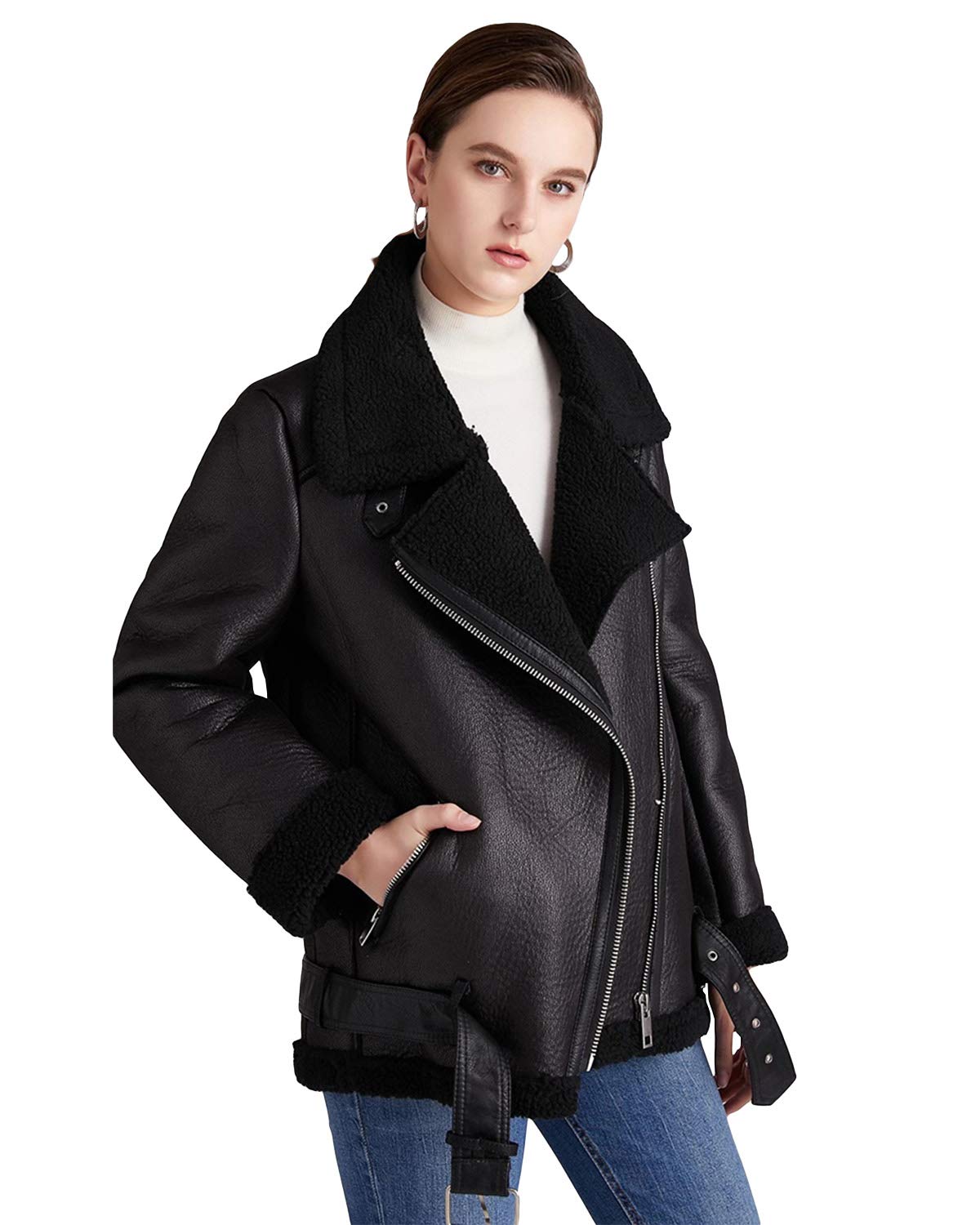 LY VAREY LIN Women's Faux Shearing Moto Jacket Thick Lined Parka Winter Shearling Coat Leather Jacket