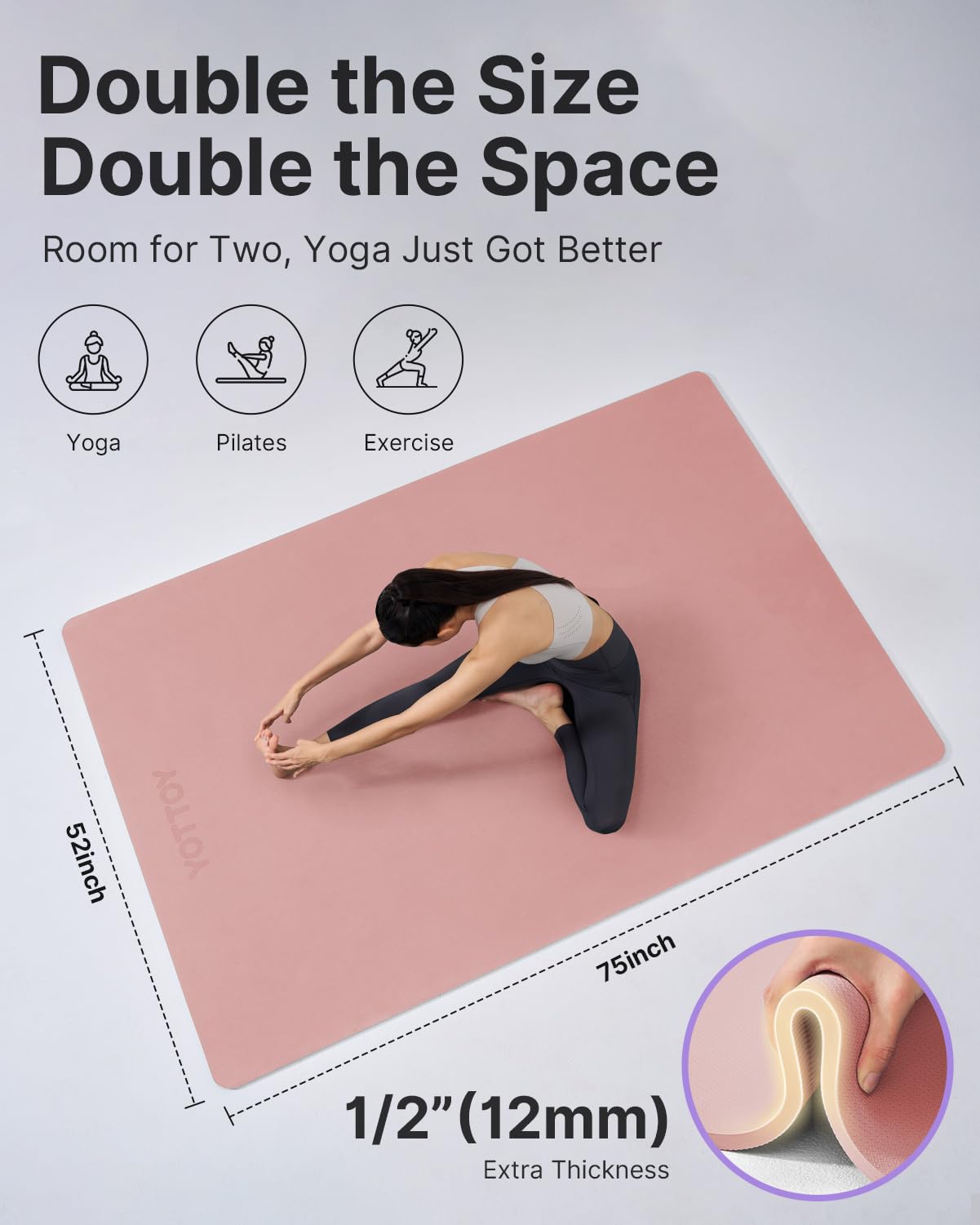 YOTTOY Large Yoga Mat (75 * 52 * 1/2inch),Extra Wide TPE Exercise Mat,Non-Slip Workout Mat for Pilates, Fitness, Barefoot, Home Gym Studio with Strap and Towel