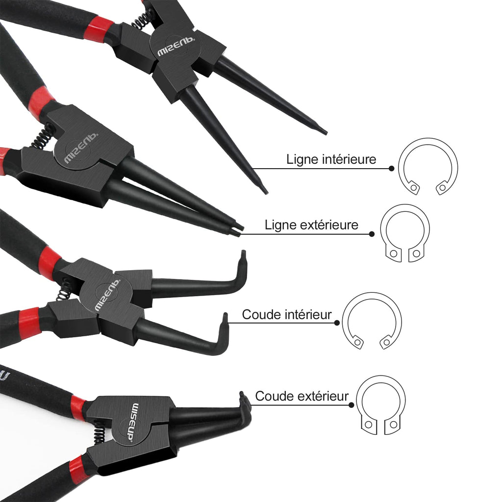 WISEUP Snap Ring Pliers Set, Heavy Duty 4PCS-7 inch Internal/External Circlip Pliers Kit, Straight/Bent Jaw Tips for C-Clip Ring Remover