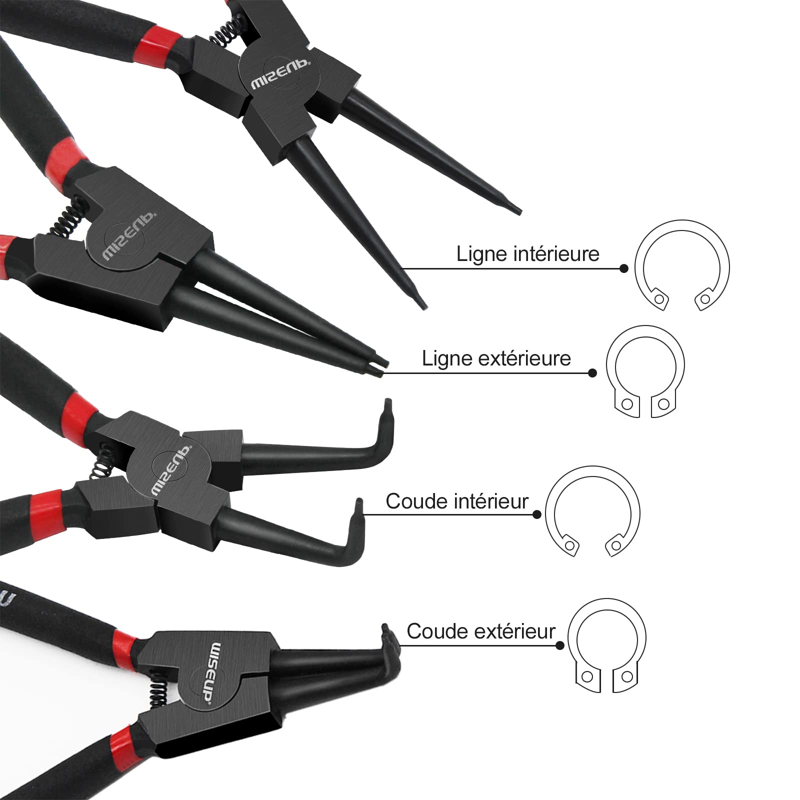WISEUP Snap Ring Pliers Set, Heavy Duty 4PCS-7 inch Internal/External Circlip Pliers Kit, Straight/Bent Jaw Tips for C-Clip Ring Remover