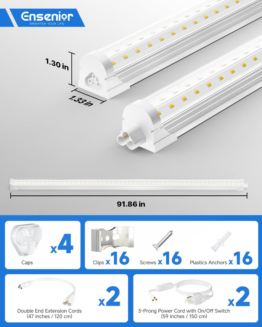 Ensenior 4FT LED Shop Lights - 5000LM 6000K Ultra Bright Daylight, T8 Commercial Bay Lighting, LED Lights for Garage/Shop/Basement, 36W (139 LM/W), Linkable, Plug & Play, ETL & FCC Certified, 4 Pack