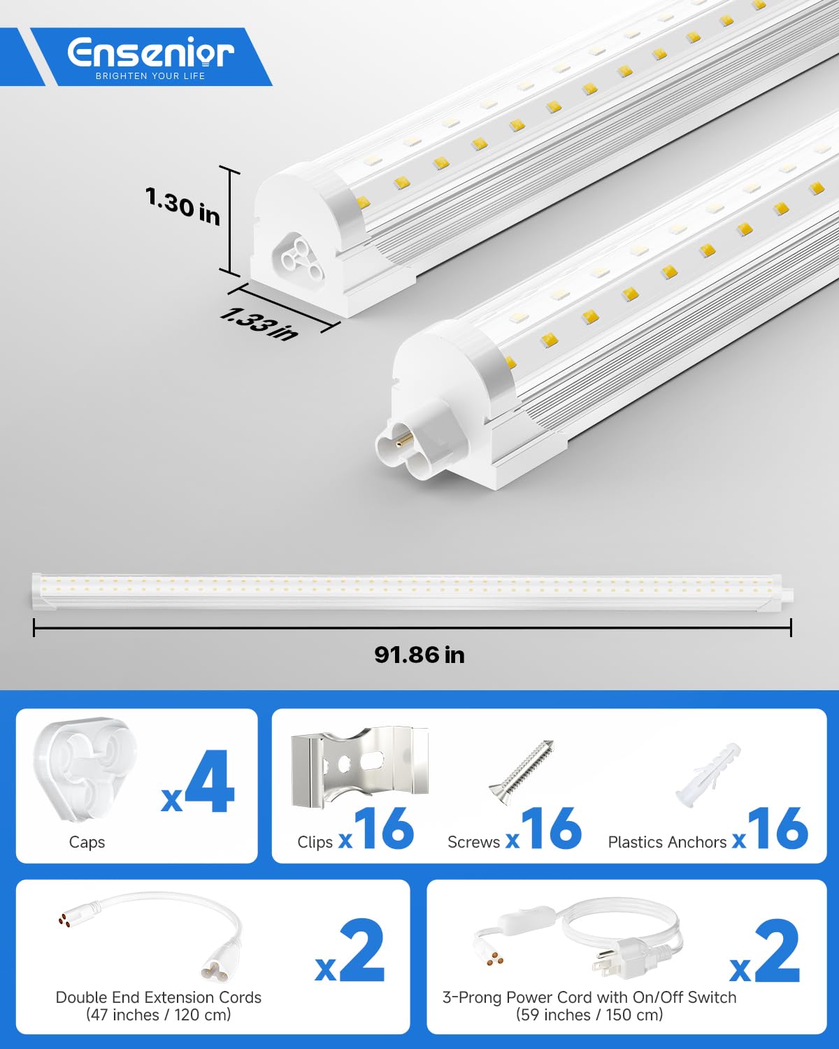 Ensenior 4FT LED Shop Lights - 5000LM 6000K Ultra Bright Daylight, T8 Commercial Bay Lighting, LED Lights for Garage/Shop/Basement, 36W (139 LM/W), Linkable, Plug & Play, ETL & FCC Certified, 4 Pack