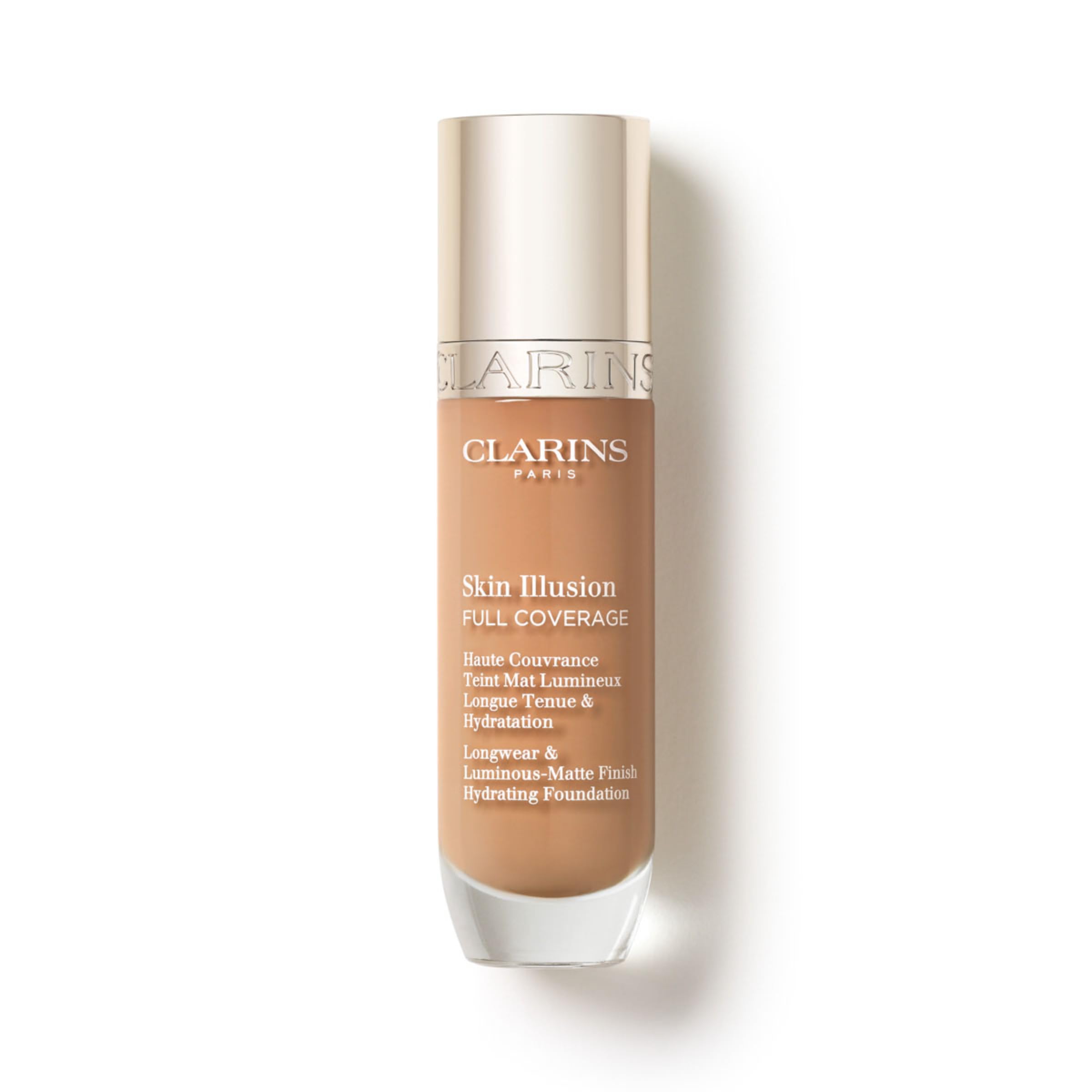 Clarins Skin Illusion Longwear Full Coverage Foundation|Luminous Matte Finish|24H Hold and 24H Hydration|Natural Looking|Transfer, Sweat and Smudge Proof| Contains Hyaluronic Acid|1 Fl Oz