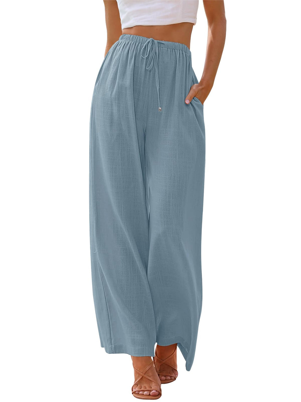 LILLUSORY Women's Linen Summer Palazzo Pants Flowy Wide Leg Beach Pants with Pockets