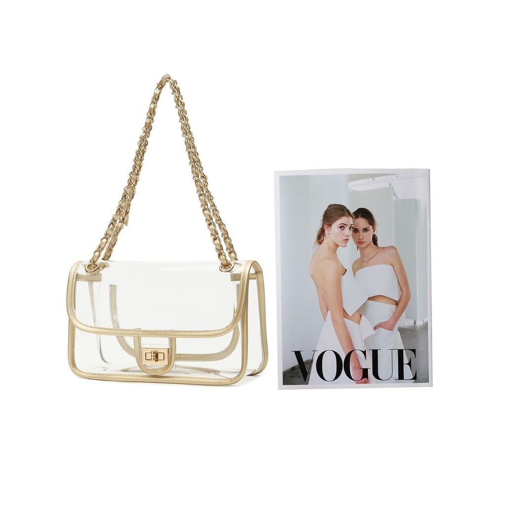 Womens PVC Clear Purse Handbag with Chain Stadium Approved Clear Bag See Through Bag for Working and Concert