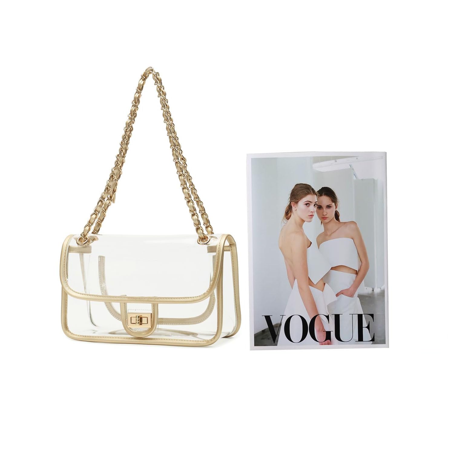 Womens PVC Clear Purse Handbag with Chain Stadium Approved Clear Bag See Through Bag for Working and Concert