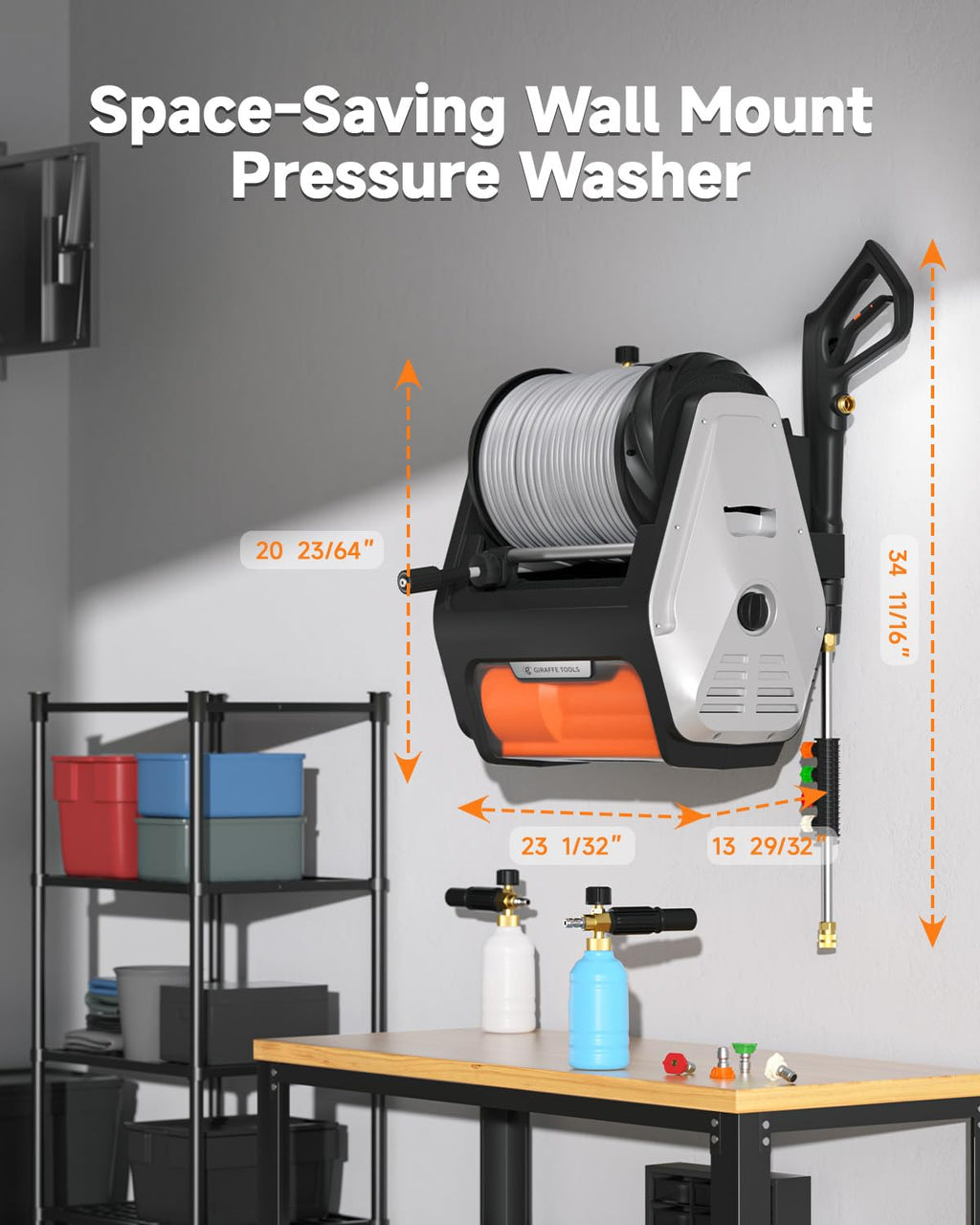 Giraffe Tools Grandfalls Retractable Wall Mounted Pressure Washer Pro, 3700 PSI, 1.6 GPM Electric Power Washer, Automatic Rewind, 100ft Pressure Hoses, 5 Nozzles for Cars/Fences/Patios, Dark Silver
