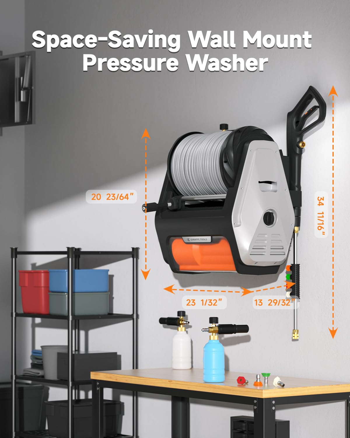 Giraffe Tools Grandfalls Retractable Wall Mounted Pressure Washer Pro, 3700 PSI, 1.6 GPM Electric Power Washer, Automatic Rewind, 100ft Pressure Hoses, 5 Nozzles for Cars/Fences/Patios, Dark Silver
