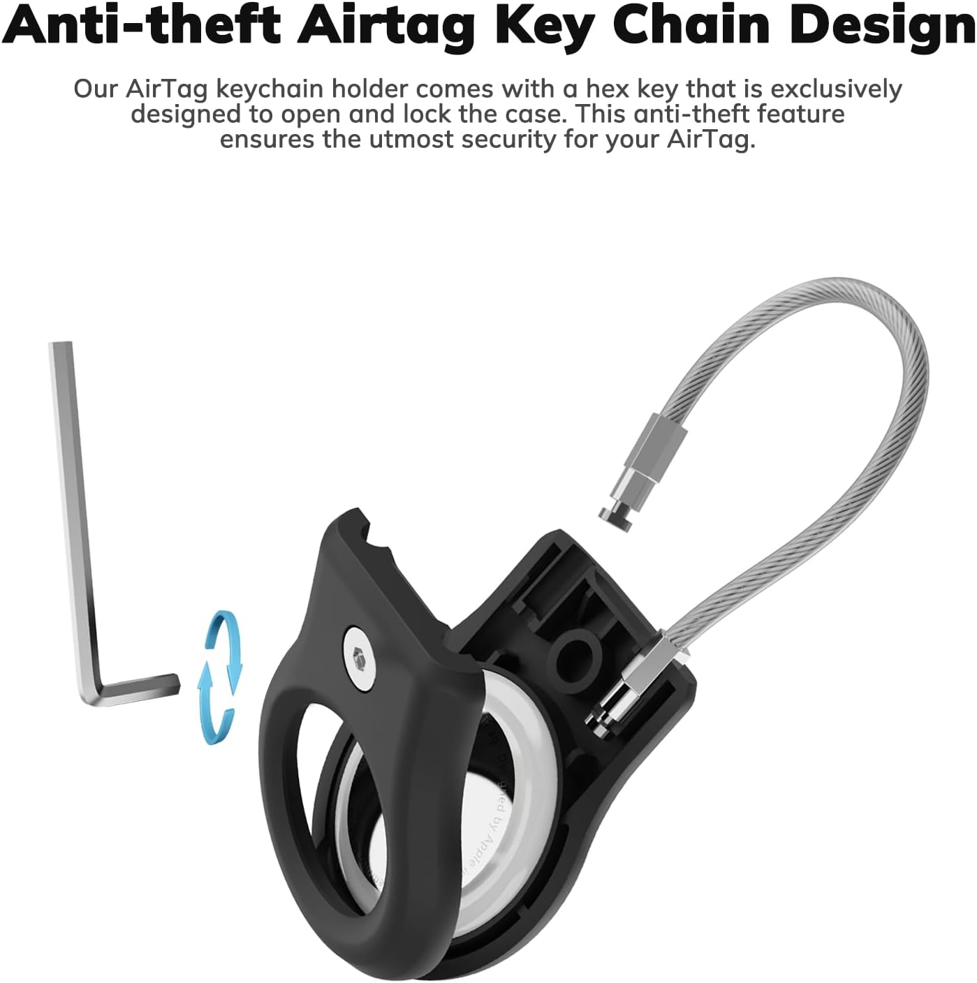 AirTag Holder 4 Pack - Air tag Lock Case with Wire Cable Compatible with Apple AirTags, Ultra Durable Anti-Lost Protective Case with Keyring for Luggage, Key, Backpack, Pet（Black）