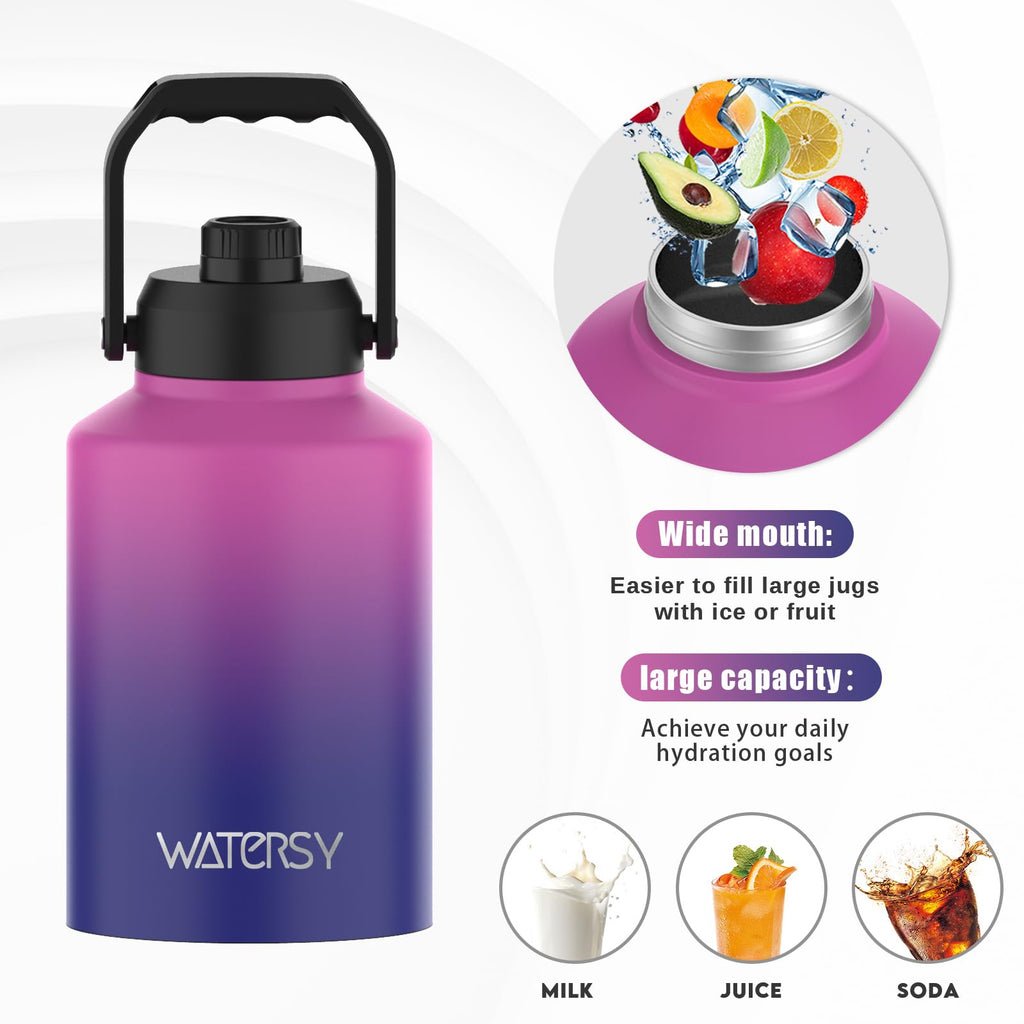 WATERSY Half Gallon Water Bottle Insulated(Cold for 48 Hrs),BPA Free&Leak Proof,64oz Stainless Steel Water Jug/Flask,Big thermo,Large Water Bottle with Handle for Gym,Hiking,Camping,Black