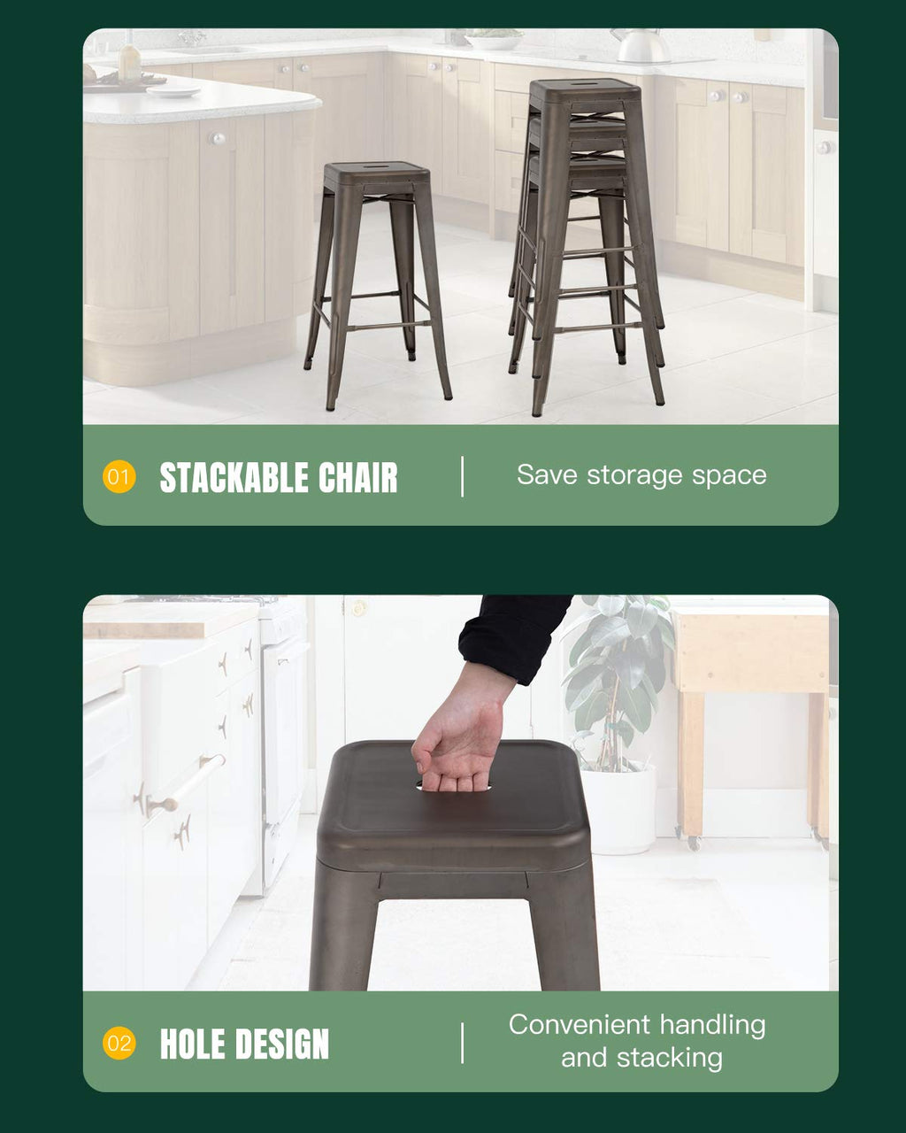 FDW Metal Bar Stools Set of 4 Counter Height Bar Stools 24 Inches Industrial Bar Chairs Patio Stool Stackable Backless Stool Indoor Outdoor Metal Kitchen Stools Bar Chairs (Black, 24")