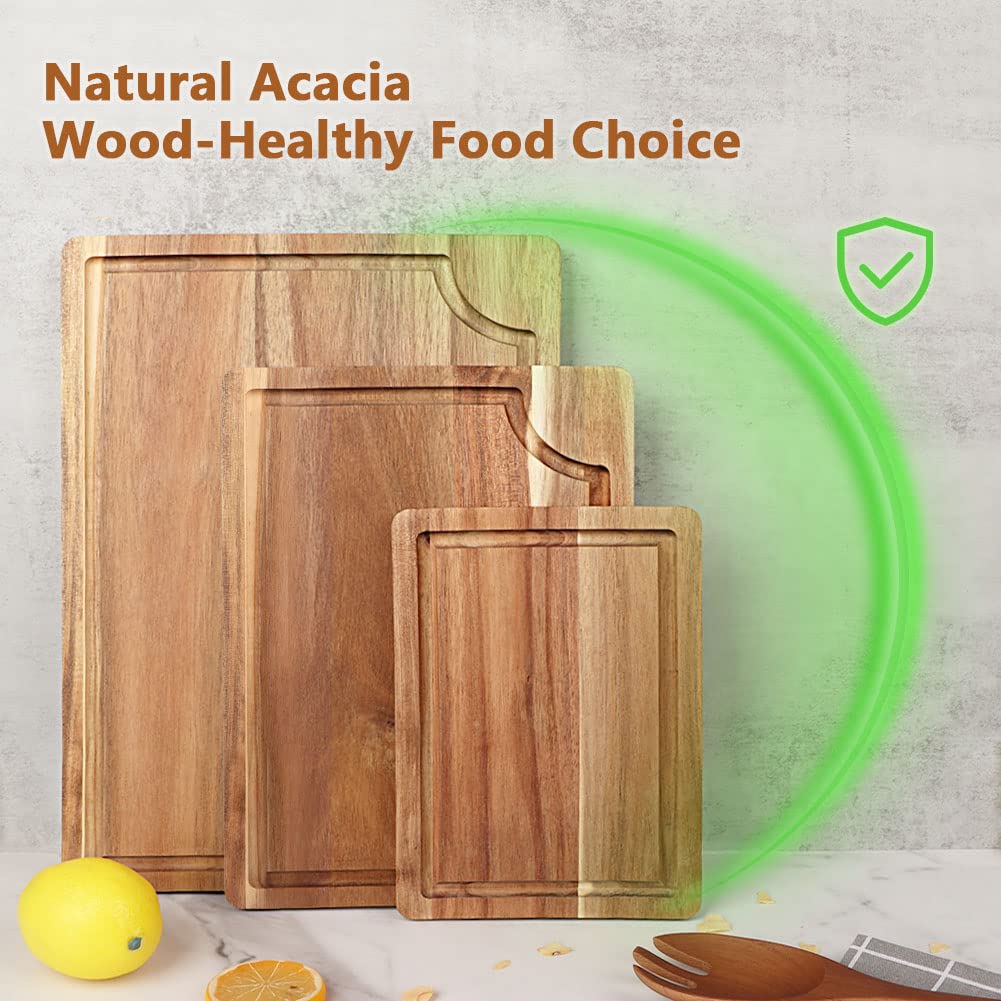 AIDEA Wood Cutting Board, Wooden Cutting Boards for Kitchen, Acacia Wood Chopping Board Set of 3 with Deep Juice Groove, for Meat, Vegetables, and Fruit