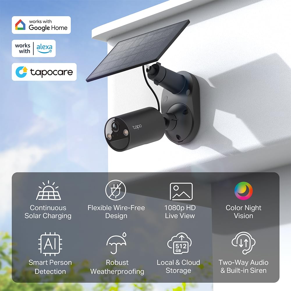 Tapo by TP-Link Wireless Outdoor Security Camera, 1080P, Up to 180 Days Battery Life, Free Person Detection, SD/Cloud Storage, Spotlight Color Night Vision, Alarm, No Hub Needed, Black, C403