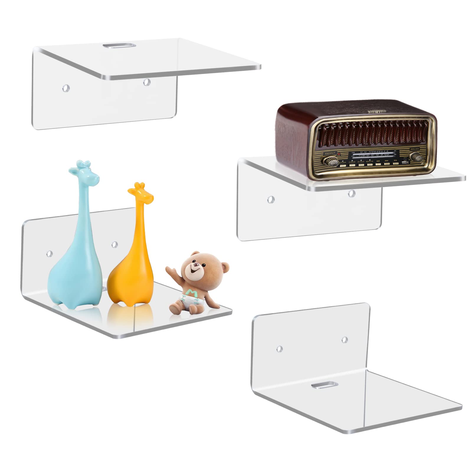 4 Pack Small Acrylic Floating Shelves, 4'' Acrylic Wall Shelves Display Ledges for Storage & Decoration, Mini Shelves for Wall with 2 Types of Installation (Adhesive or Screw)
