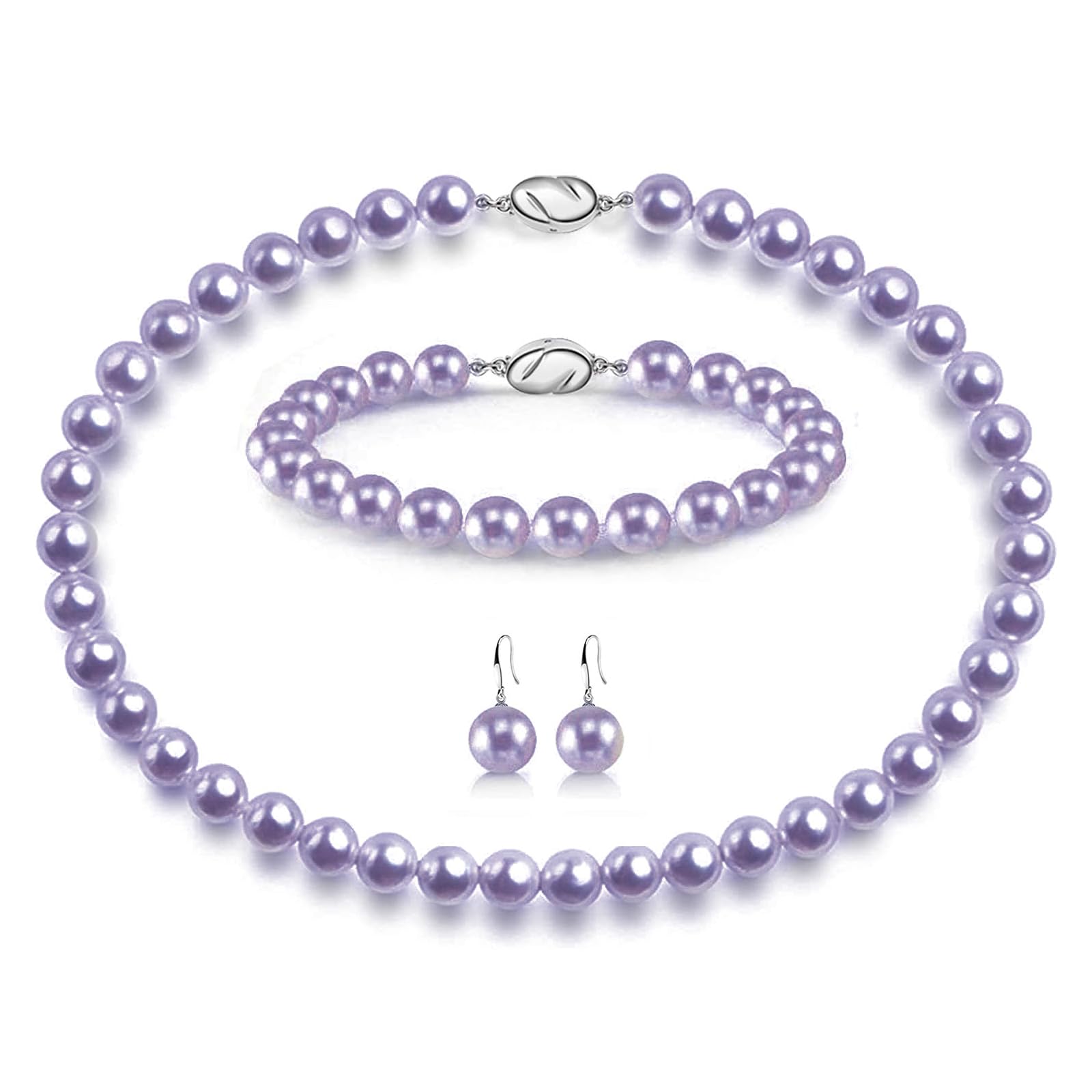 AOOVOO Pearl Necklace Set for Women, 8mm Round Shell Pearl Includes Stunning Bracelet and Dangle Earrings 3 Piece Jewelry, Birthday Christmas Gift for Mom Wife Sister Best Friend, Gift Box