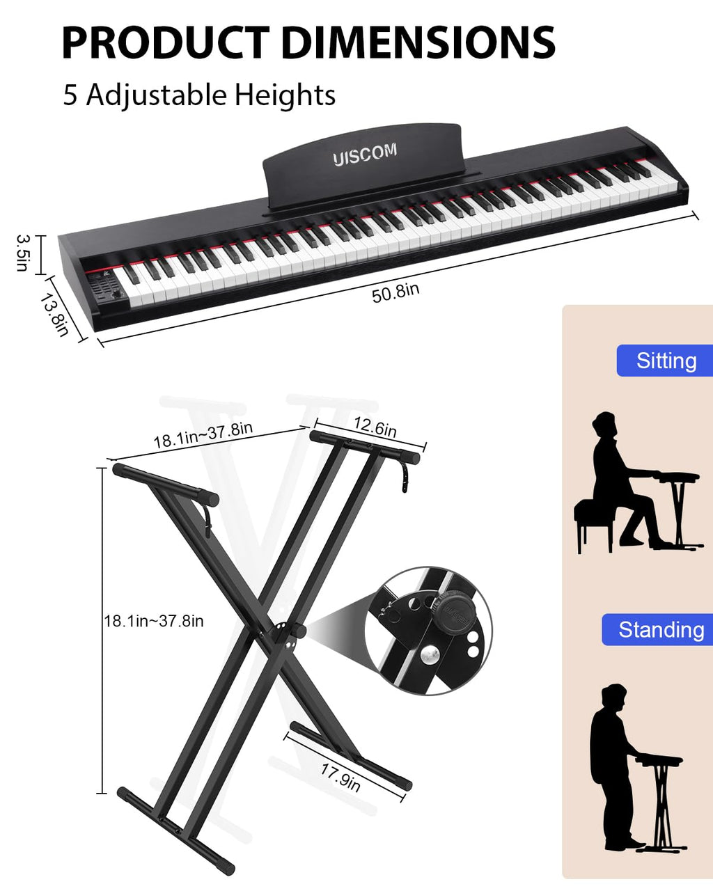 UISCOM Digital Piano Keyboard for Beginners, Full Size 88 Key Semi-Weighted Keyboard Electric Piano with Stand,Power Adapter,Sheet Music Stand,Pedal,Headphone,USB-MIDI Compatible,Wood Grain Apricot