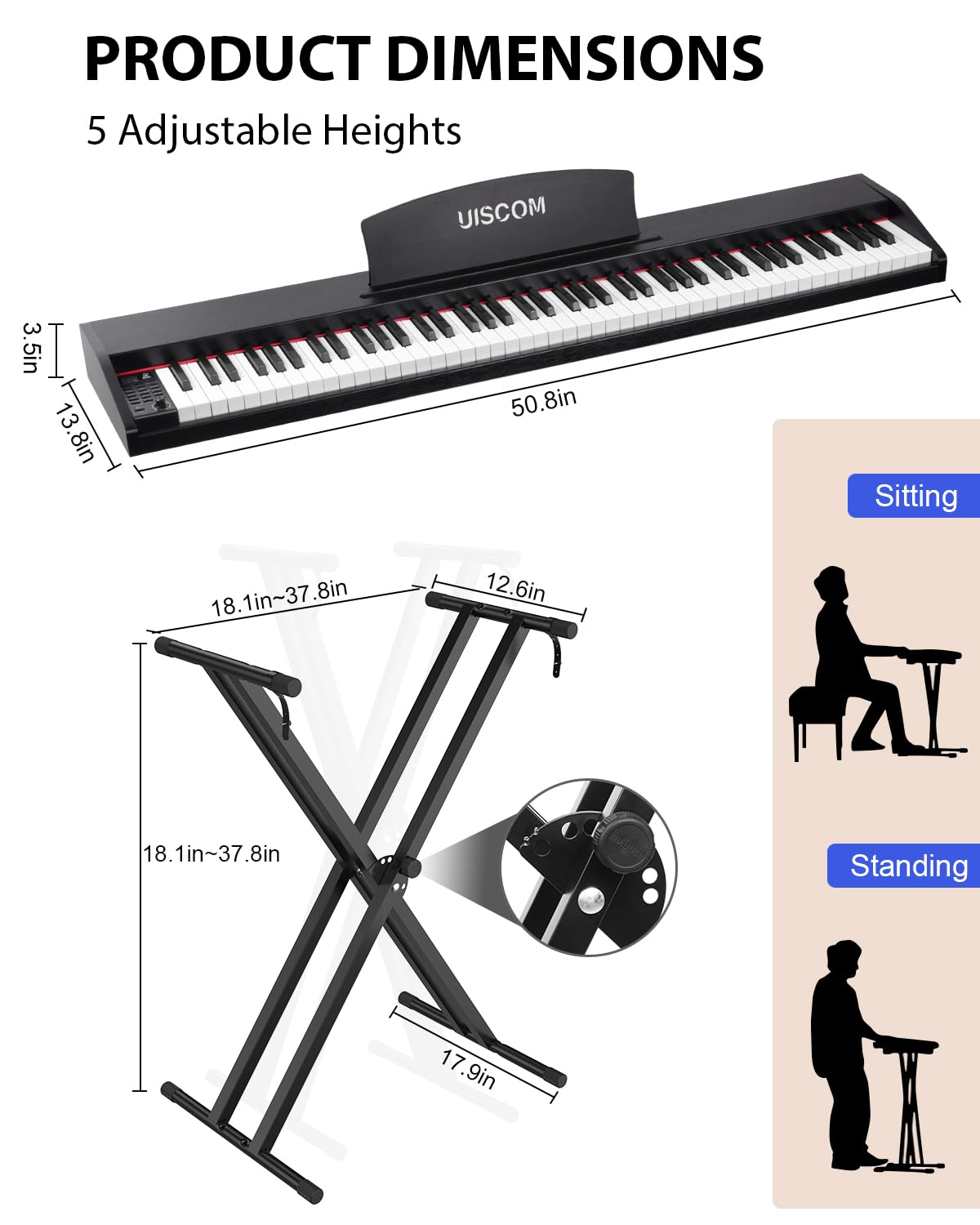UISCOM Digital Piano Keyboard for Beginners, Full Size 88 Key Semi-Weighted Keyboard Electric Piano with Stand,Power Adapter,Sheet Music Stand,Pedal,Headphone,USB-MIDI Compatible,Wood Grain Apricot
