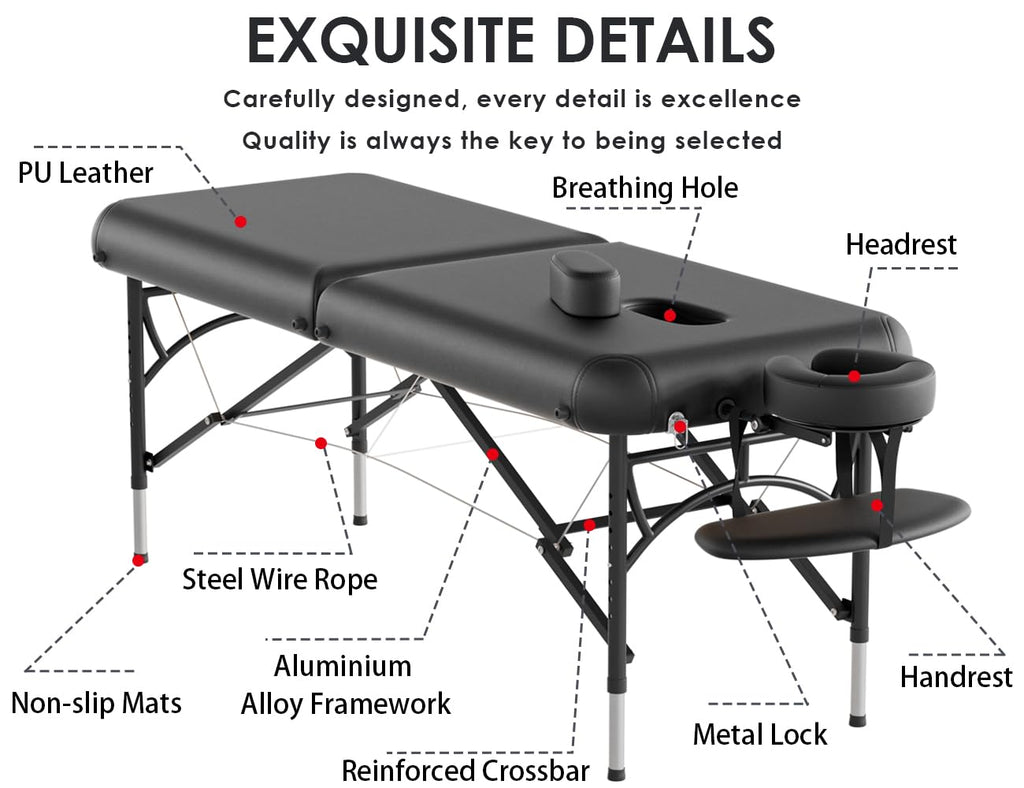 CLORIS 84" Professional Massage Table Portable Reinforced Wooden Leg 2 Folding Lightweight Spa Salon Tattoo Massage Bed Height Adjustable Hold Up to 1100LBS with Carrying Bag Black
