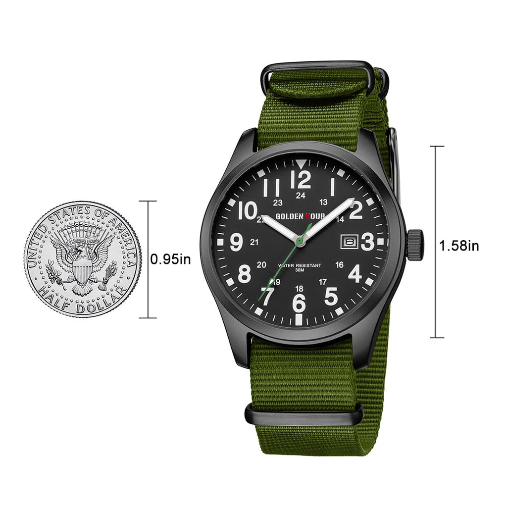 GOLDEN HOUR Men's Nylon Slip-Thru Strap Watch with Military Time Easy Read Dial Glowing Hands
