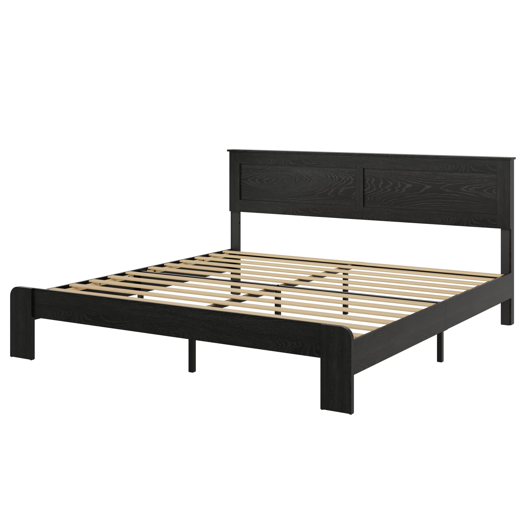 Wooden Bed Frame Full Size with Headboard, Farmhouse Platform Bedframe with Wood Slat Support, Sturdy Framework Bed Frame, Easy Assembly (Rustic Black)