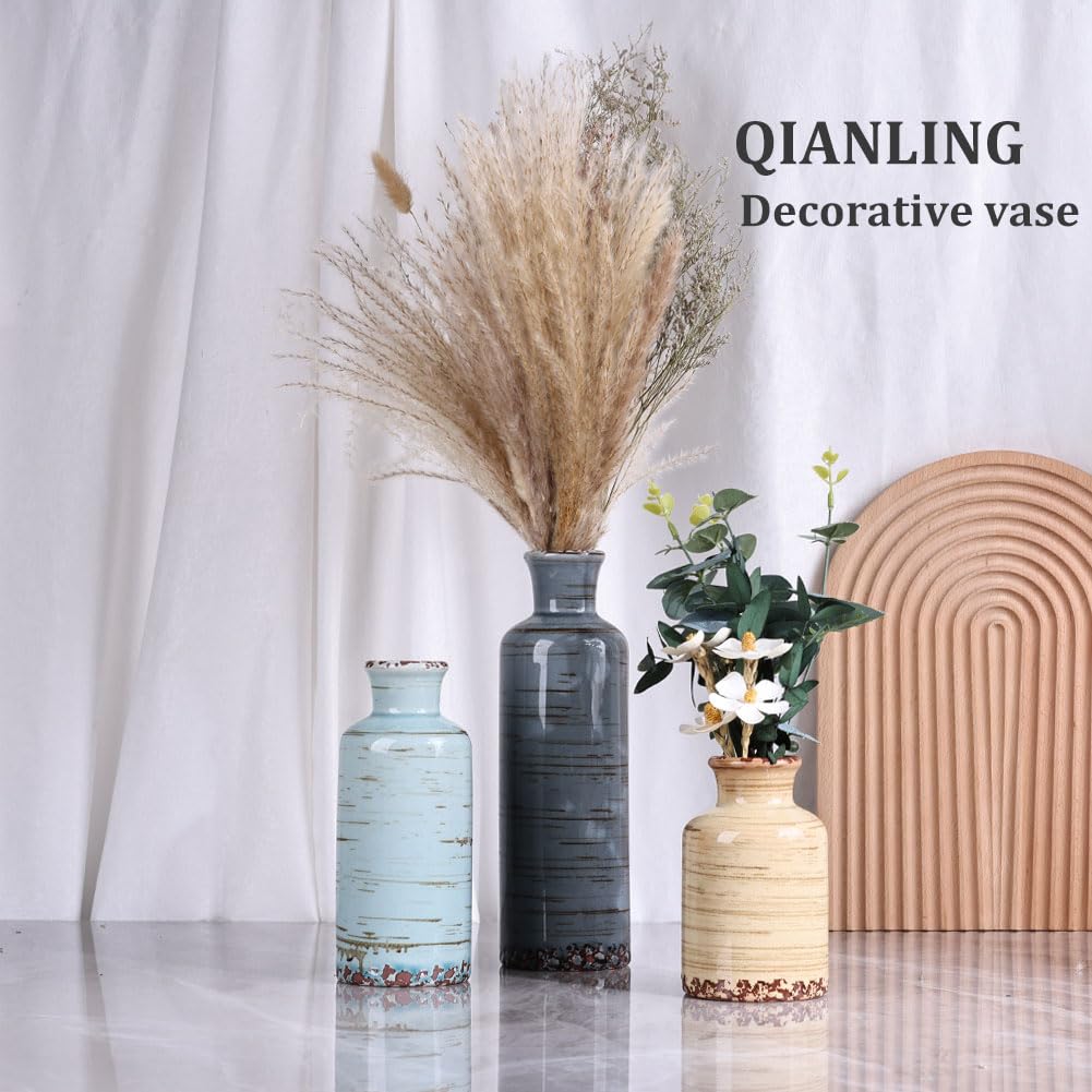 Ceramic Vase Set - 3 Ceramic Small Vases, Farmhouse Country Flower Vase Home Decor, Living Room Decoration, Table Decoration, Fireplace Decor, and Entrance Decorations Centerpieces