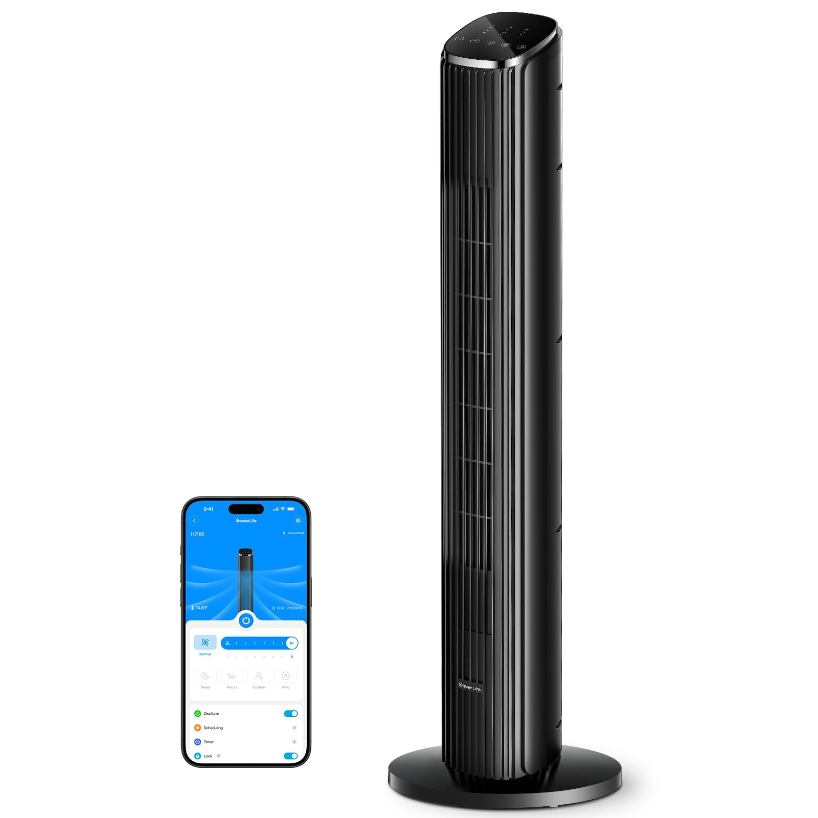GoveeLife White Tower Fan for Bedroom, 36" Smart Floor Fan with App/Voice Control, Temperature Sensor, 5 Modes 8 Speeds(25ft/s), 29dB Quiet Oscillating Fan for Office, 24H Timer, Auto Cooling