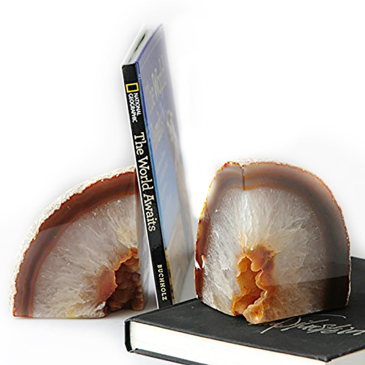 JIC Gem Black Agate Geode Bookends 2-3 Lbs Anti-Slip Rubber Pads Heavy Duty | 1Pair Natural Black Agate Crystal Decor for Shelves & Desk, Unique Small Stone Book Holder Gift for Office & Home Decoration