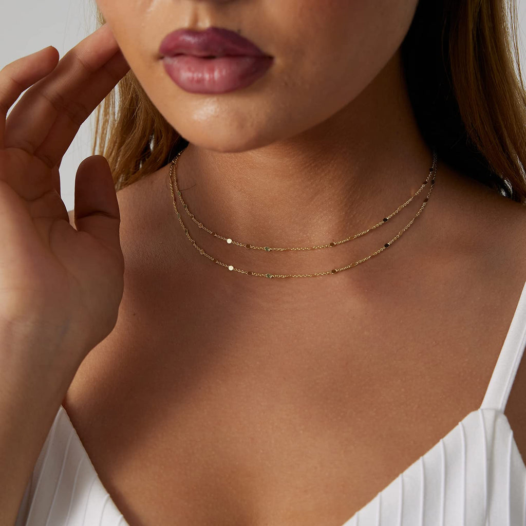 BERISO 14K Gold/Silver Plated Choker Necklace for Women Shining Dots Station Gold Chain Necklace Beads Sparkle Chain Necklace Link Chain Exquisite Jewelry for women