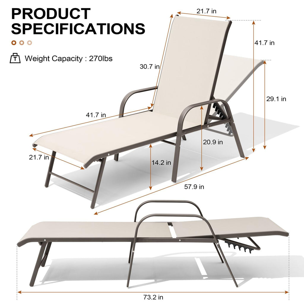 Crestlive Products Chaise Lounge Chair Outdoor with Armrests, Pool Lounge Chairs Set of 2, Aluminum Adjustable 5 Positions Sun Tanning Lounger for Patio, Poolside, Yard, Deck, Backyard (Beige)