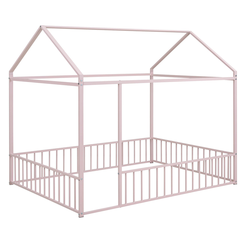 Bellemave Twin Size Montessori Floor Bed, Metal House Bed Framefor Kids, Montessori Floor Beds with Fence, Playhouse for Kids,Black