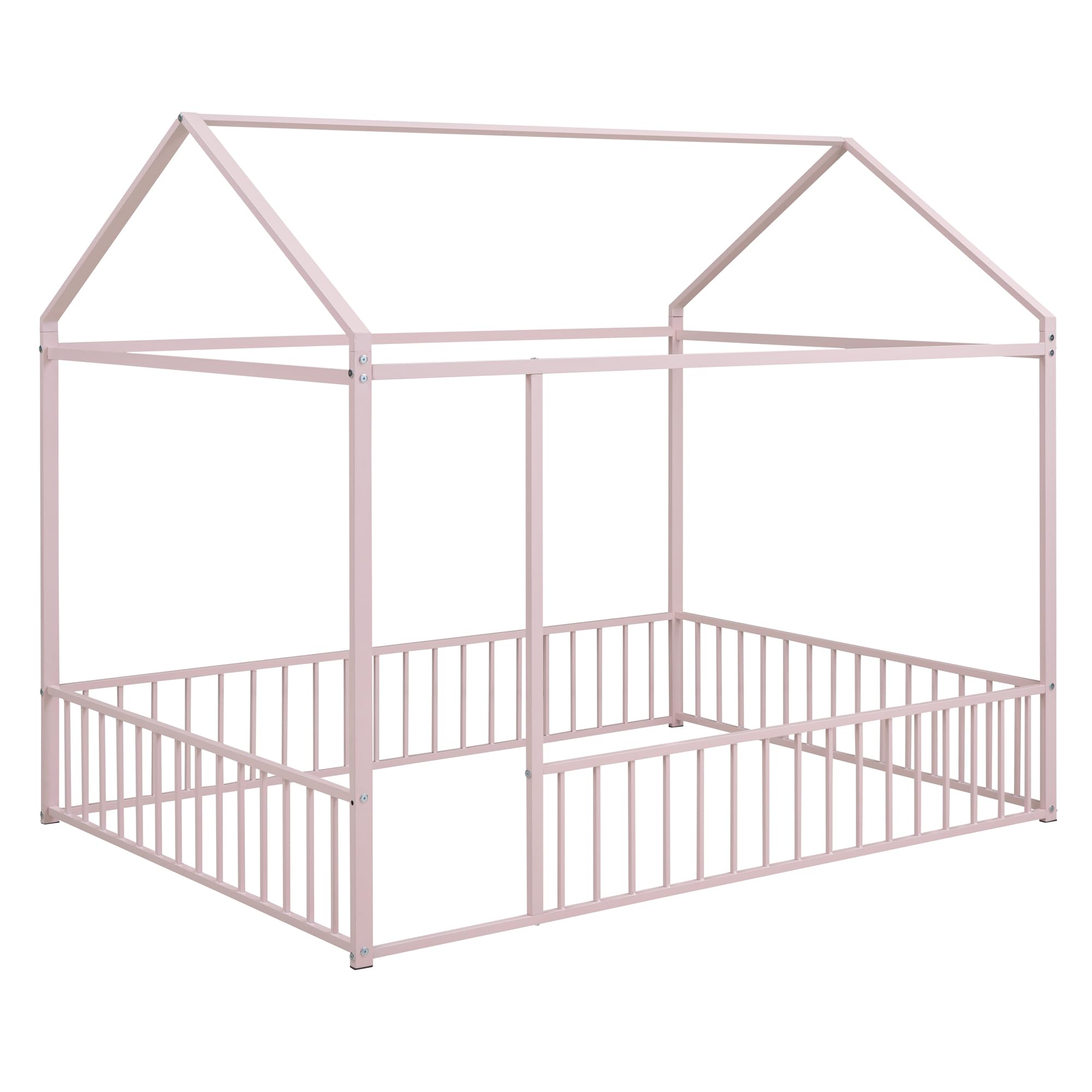 Bellemave Twin Size Montessori Floor Bed, Metal House Bed Framefor Kids, Montessori Floor Beds with Fence, Playhouse for Kids,Black