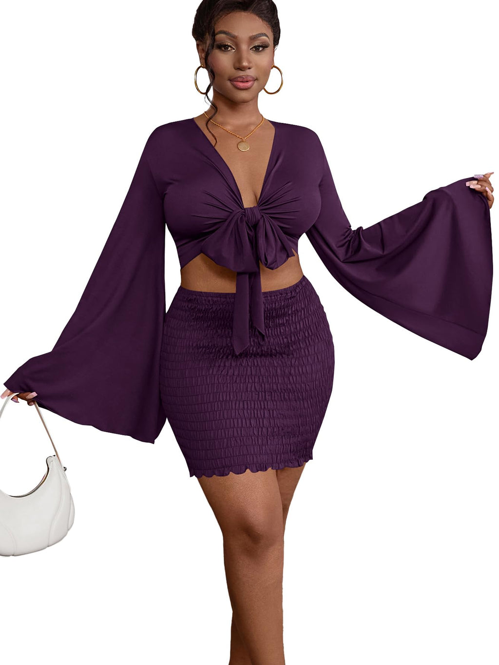 LYANER Women 2 Piece Vacation Outfits Tie Knot Front Bell Long Sleeve Crop Top and Mini Skirt Summer Set