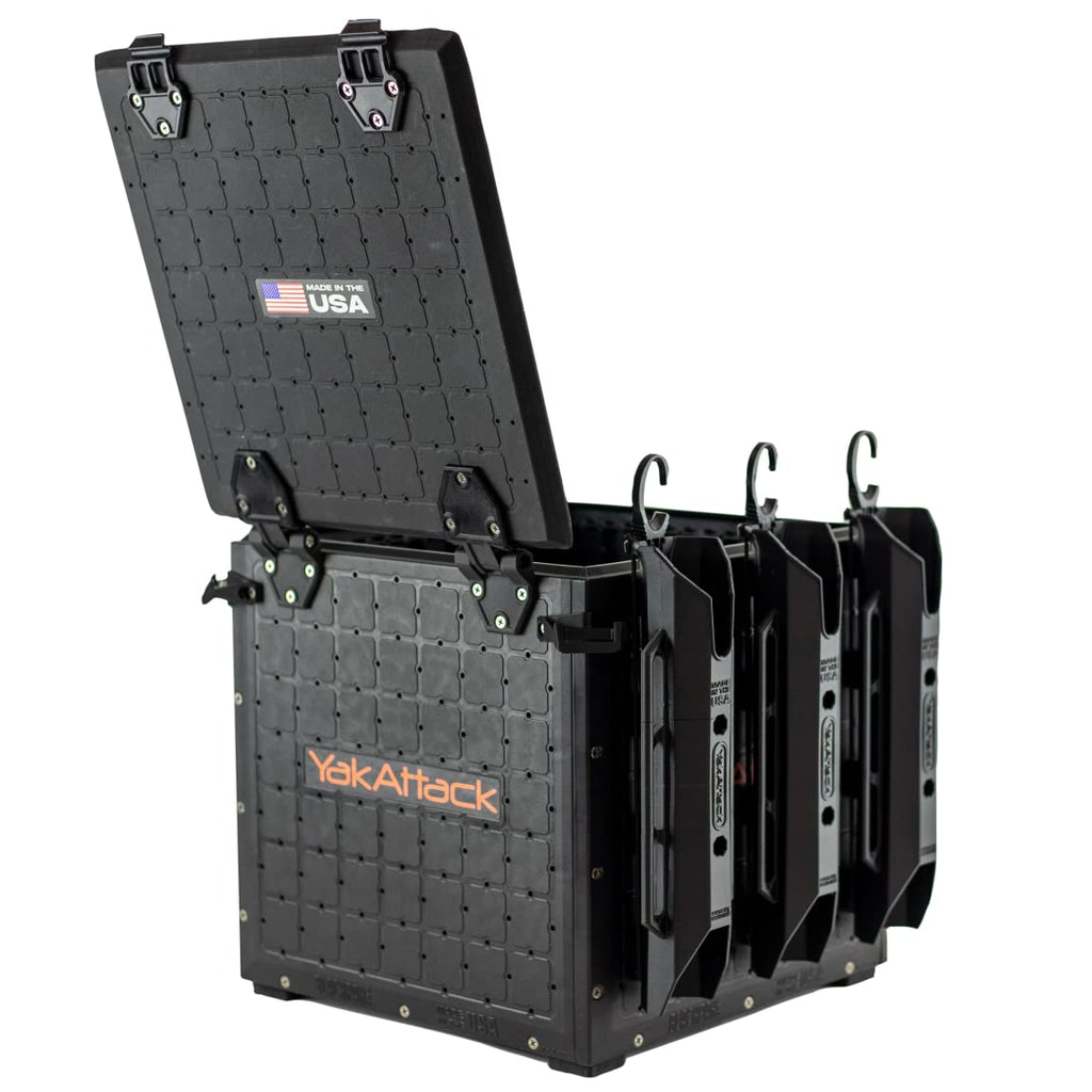 YakAttack BlackPak Pro 13" x 13" Fishing Crate with 3 Rod Holders - Battleship Grey | Compact Tackle Storage Box & Gear Organizer for Kayaks | Lightweight, Durable & Customizable Marine Accessory