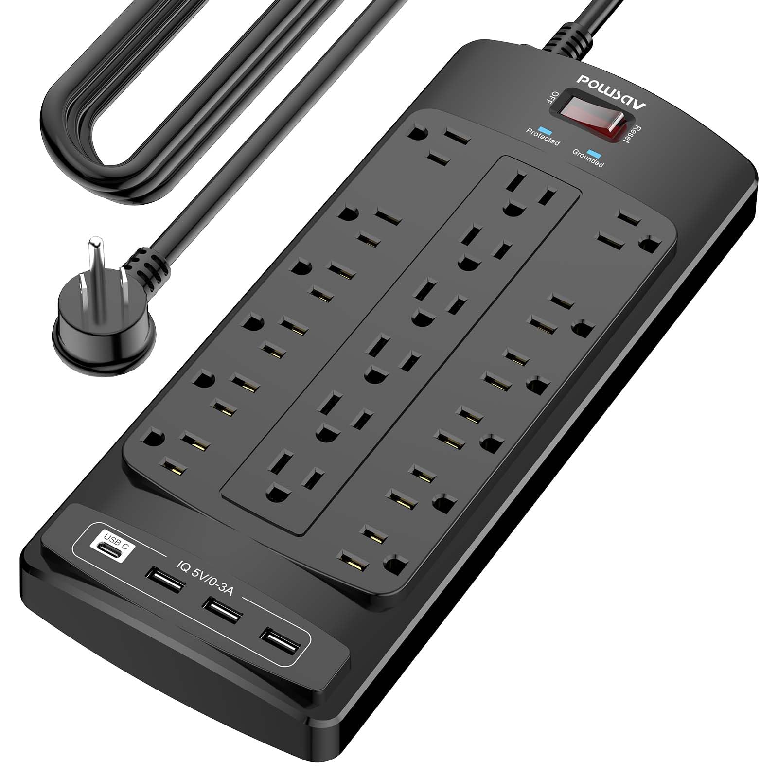 18 Outlets Surge Protector Power Strip - 6 Feet Flat Plug Heavy Duty Extension Cord with 18 Widely Outlets and 4 USB Ports, 2100 Joules, Black, ETL Listed