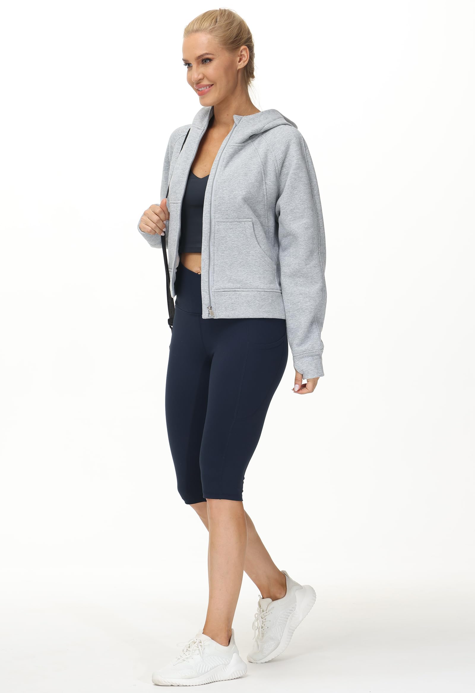 THE GYM PEOPLE Women's Full-Zip Up Hoodies Jacket Fleece Workout Crop Tops Sweatshirts with Pockets Thumb Hole