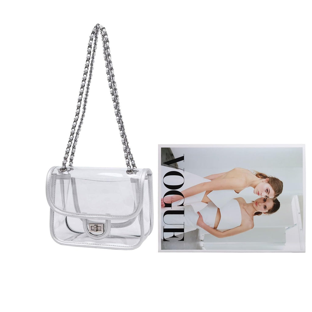 Womens PVC Clear Purse Handbag with Chain Stadium Approved Clear Bag See Through Bag for Working and Concert