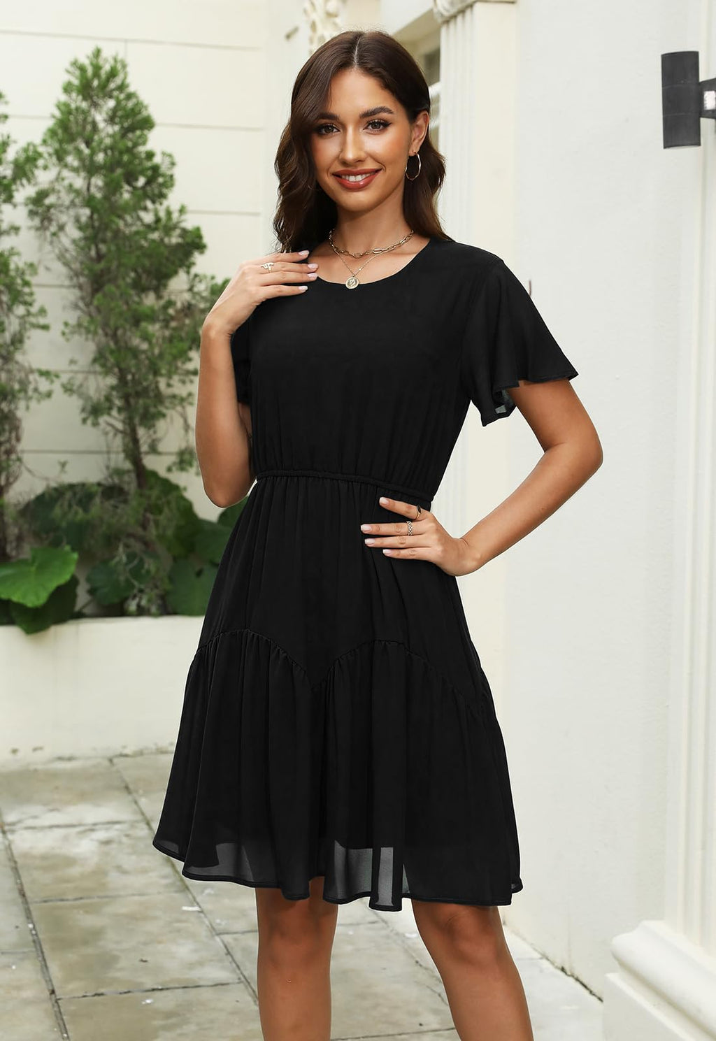 Manydress Women's Chiffon Floral Dresses Casual Summer Boho Flutter Sleeve Flowy Skater Western Dress MY112