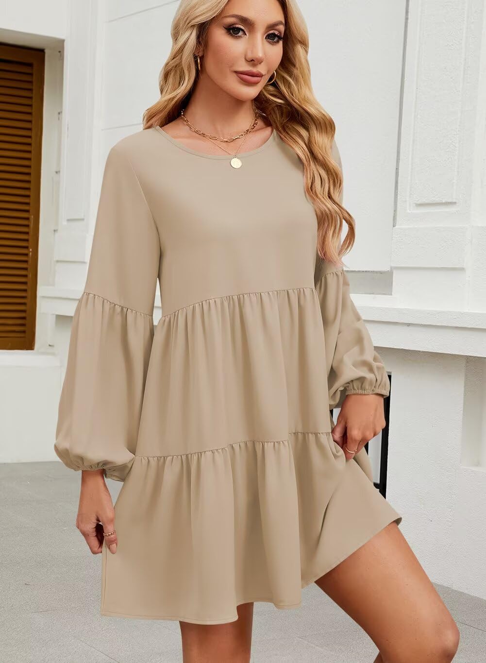 QACOHU Falll Dresses for Women 2026 Crew Neck Long Lantern Sleeve Casual Loose Flowy Swing Shift Dress