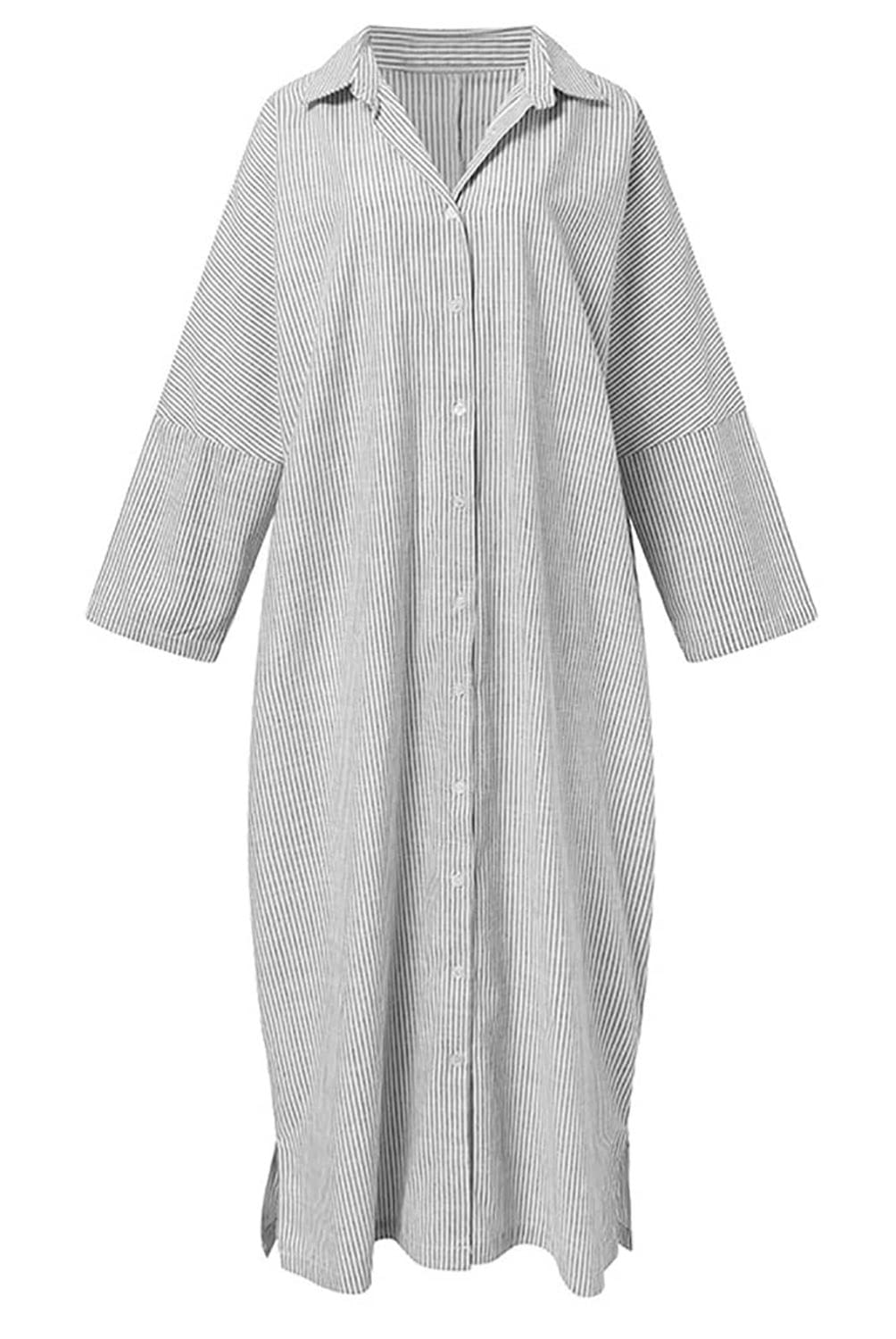 utcoco Womens Striped Long Sleeve Dress Casual Loose Button Down Cotton Maxi Shirt Dress