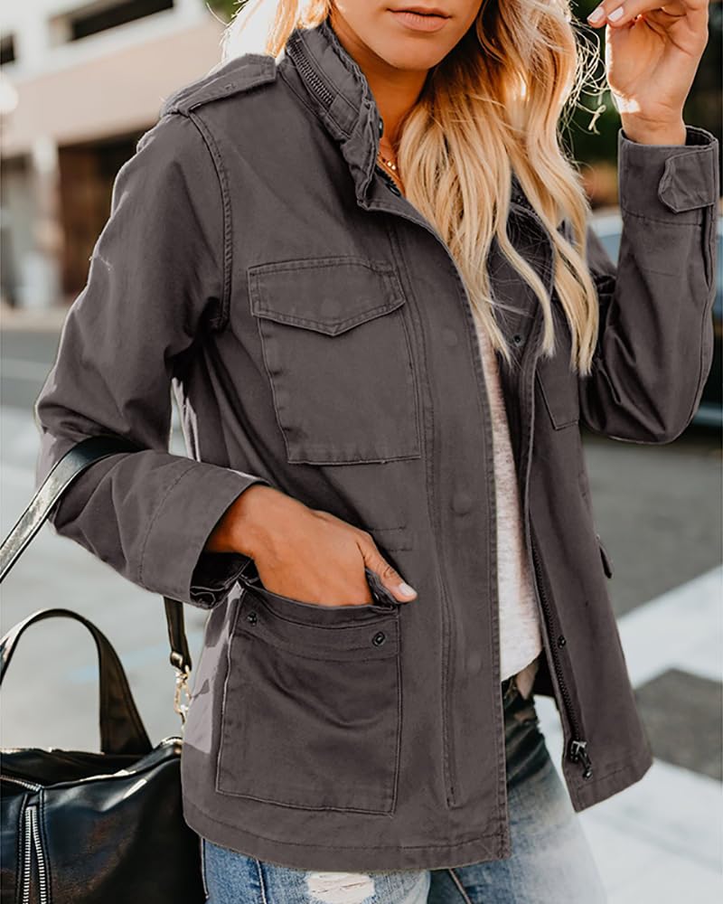 Soulomelody Women Military Anorak Jackets Zip Up Snap Buttons Parka Safari Utility Coats Outwear with Pocket