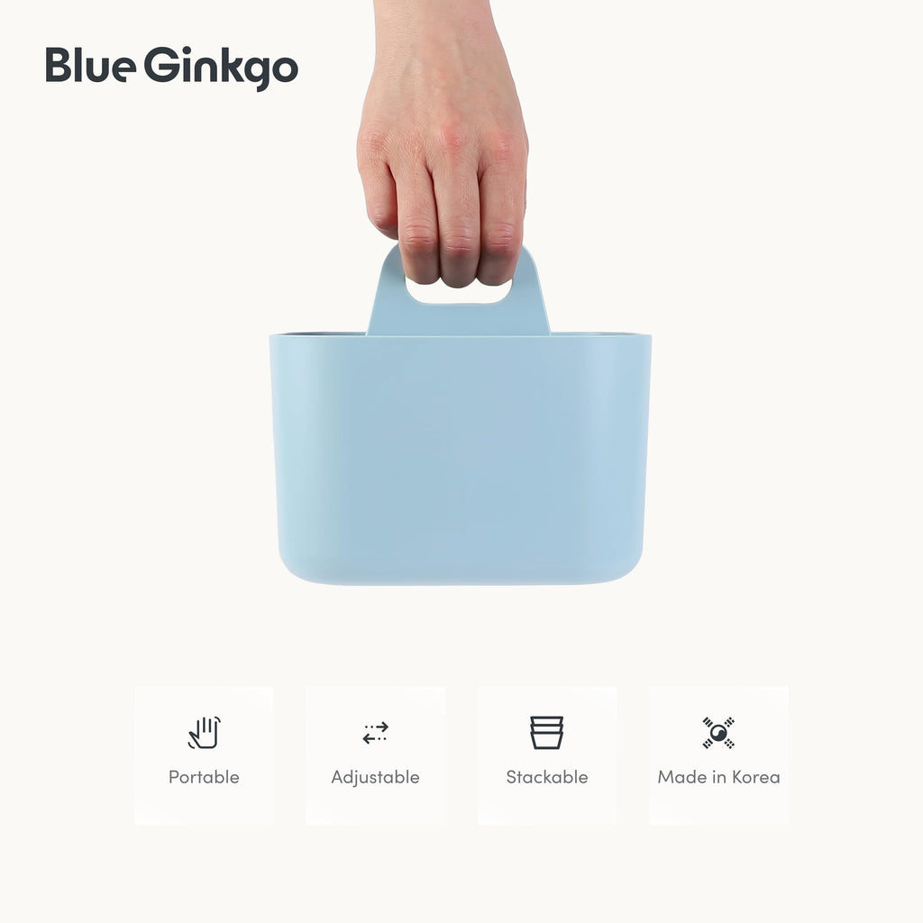 BLUE GINKGO Stackable Organizer Caddy – Korean-Made Portable Tote for Bathroom, Office, Crafts, or School Supplies (Long Rectangle, Blue)