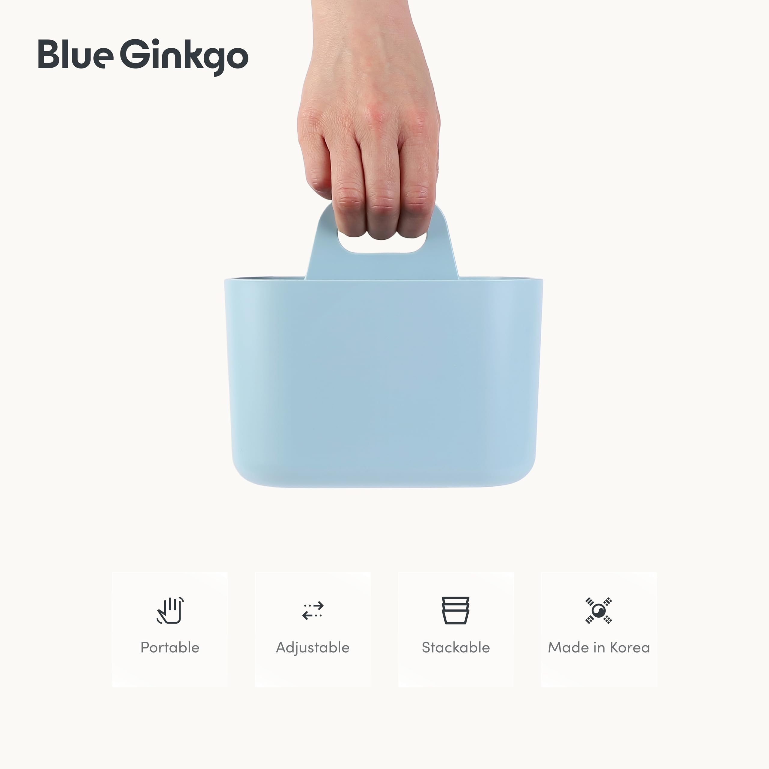 BLUE GINKGO Stackable Organizer Caddy – Korean-Made Portable Tote for Bathroom, Office, Crafts, or School Supplies (Long Rectangle, Blue)