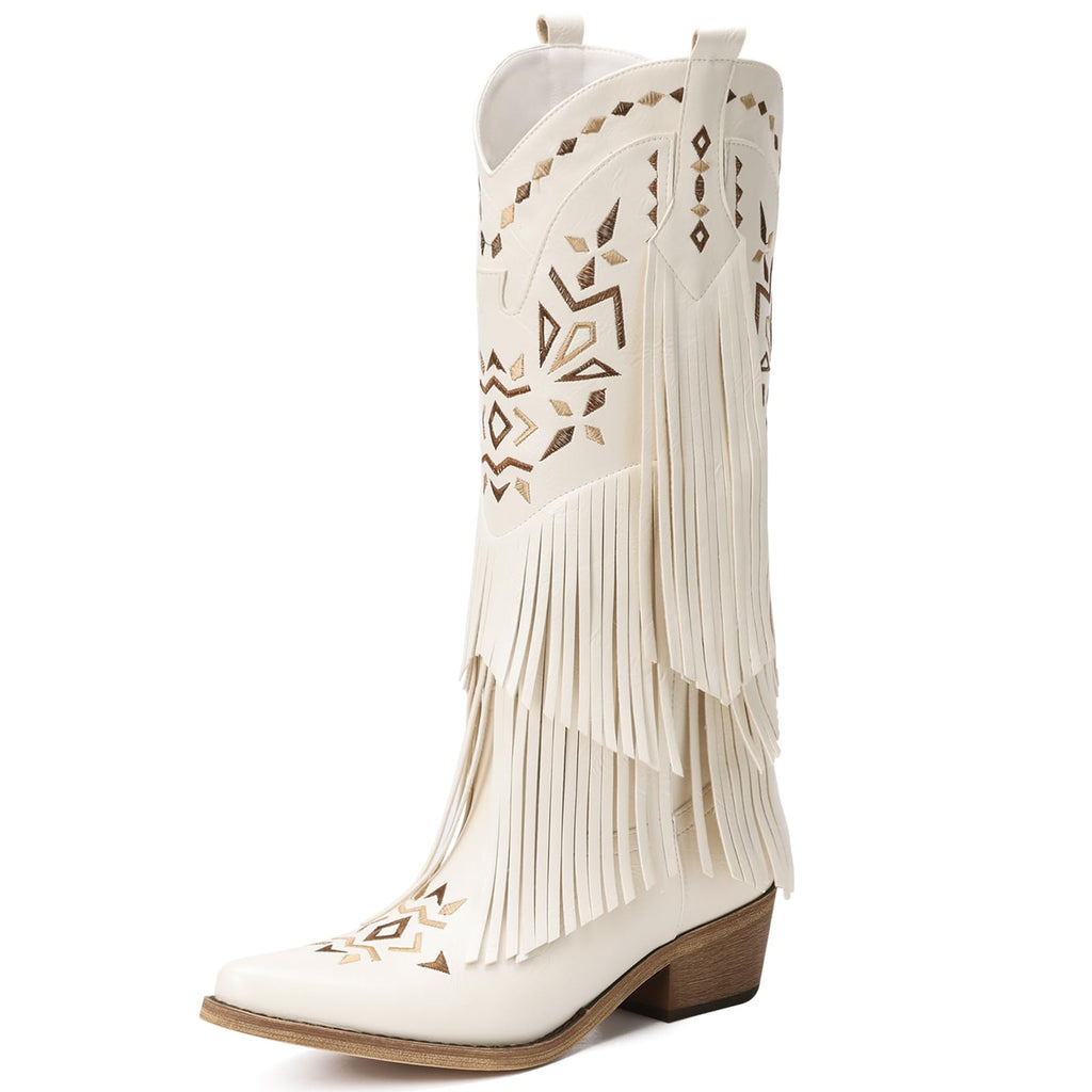 Cowboy Boots for Women - Fringe Knee High Cowgirl Boots with Classic Embroidery, Pointed Toe Pull on Retro Design, Perfect for Western Parties, Weddings and Events