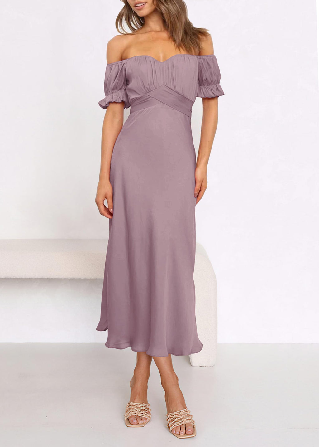 KIRUNDO Women's 2026 Spring Summer Satin Wedding Guest Midi Dress Off The Shoulder Wrap Party Cocktail Formal Prom Dresses